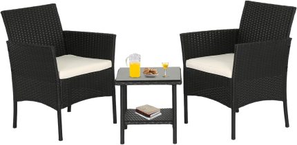Outdoor Furniture Patio Furniture Set of 3 Rattan Patio Chairs Outdoor Chairs Patio Conversation Set with Coffee Table for Yard Backyard Lawn Porch Poolside Balcony,Black