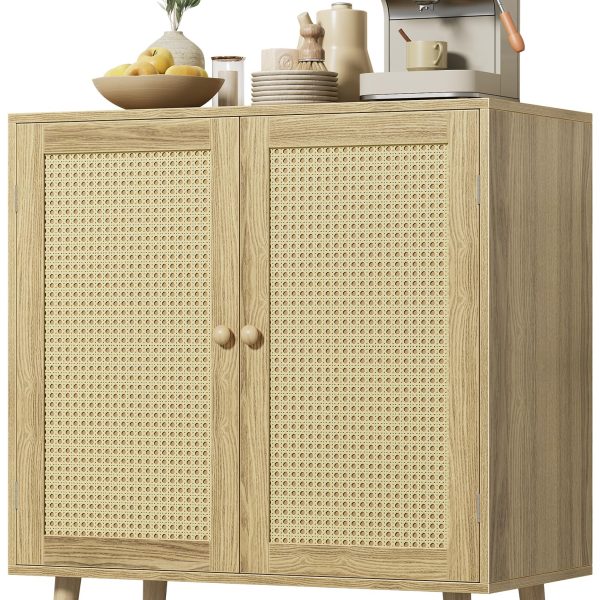 Buffet Cabinet with Storage, Storage Cabinet with PE Rattan Decor Doors, Accent Sideboard Buffet with Solid Wood Feet, for Hallway, Entry, Living Room, Natural