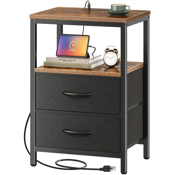Nightstand with Charging Station, Side Table with Fabric Drawers, End Table with Open Shelf, Bedside Table with USB Ports and Outlets, Night Stand for Bedroom, Rustic Brown and Black