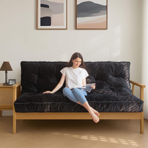 6" Futon Mattress Full Size, Velvet Thick Futons Sofa Couch Bed, Versatile Floor Mattress for Adults, Shredded Foam Filling (Frame Not Included), Black
