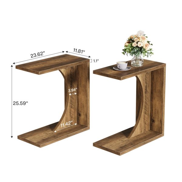 Set of 2 C-Shaped End Table for Couch, Small Bedside Table for Sofa, Wooden Nightstand for Living Room Bedroom Laptop Work Desk (2, Rustic Brown)