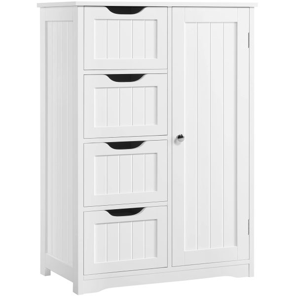 Wooden Floor Cabinet, Side Storage Organizer with 4 Drawers and 1 Cupboard, Freestanding Entryway Storage Unit Console Table, Bathroom Furniture Home Decor, White
