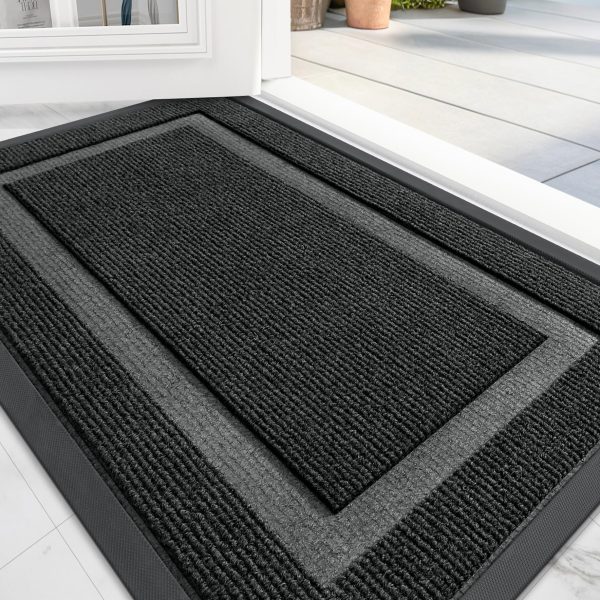 Front Door Mat Indoor Outdoor Entrance, Waterproof All-Season, All-Weather Doormat, Sturdy Natural Rubber, Fade Resistant, Low Profile, Easy Clean Patio Porch Entryway Mat, 29.5x17, Black