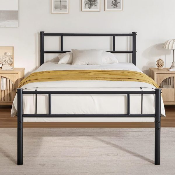 VECELO Twin Platform Bed Frame with Headboard and Footboard, 12'' Under-Bed Storage & Strong Metal Slats Support, No Box Spring Needed