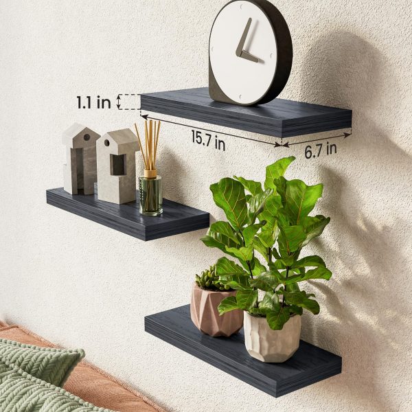Floating Shelves for Wall, Wall Mounted Rustic Wood Shelves for Bathroom, Bedroom, Living Room, Kitchen, Hanging Shelf for Books/Storage/Room Decor with 22lbs Capacity (Black, Set of 3, 15.7in)