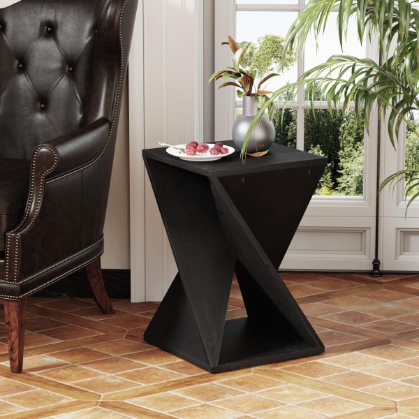 End Table Square Solid Wood Pedestal Side Table Rustic Plant Stand with Twisted Design for Living Room, Bedroom, Office, Black