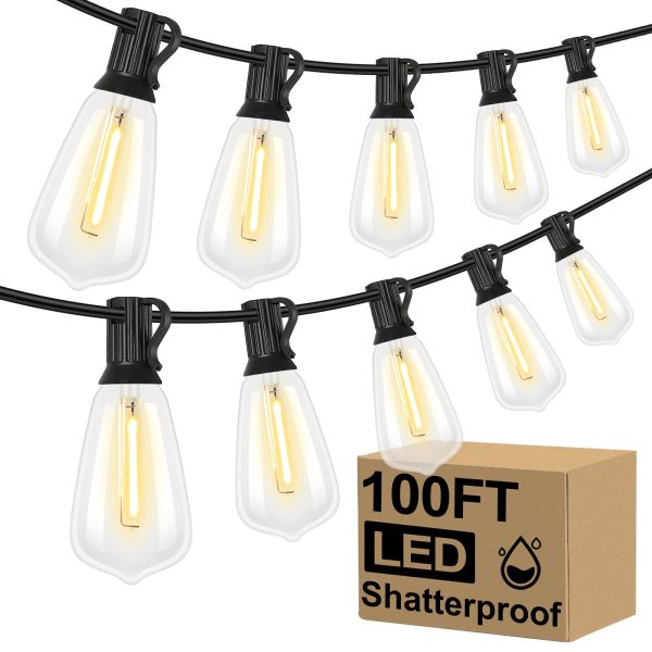 LED Outdoor String Lights 100FT Patio Lights with 52 Shatterproof ST38 Vintage Edison Bulbs, Outside Hanging Light Waterproof for Porch, Deck, Garden, Backyard, Balcony, Dimmable 2700K