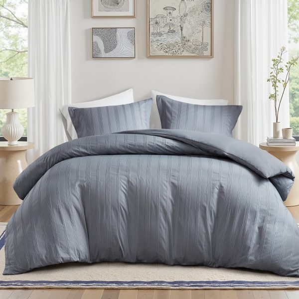Striped Duvet Cover Set Cal King, Modern Minimalist Bedding Set with Premium Jacquard Stripe, 3 Pieces Duvet Cover Reversible with Zipper Closure & Corner Ties,Blue/Grey
