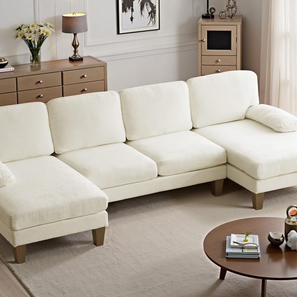 110" Sectional Couches for Living Room,U Shaped Couch with Double Chaise, 4-Seat Sofa Set with Chenille Fabric for Home Furniture,Beige