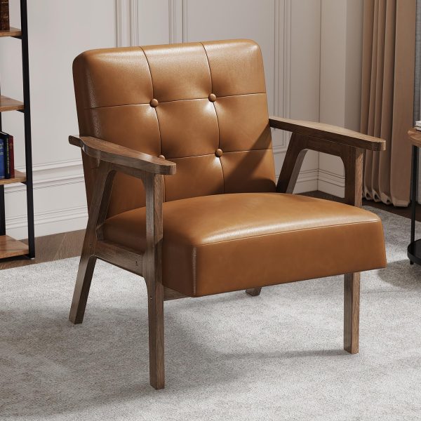 PU Leather Accent Chair Mid Century Comfy Cozy Chair with Solid Wood Legs,Modern Arm Reading Chair with Button Tufted Back for Living Room Bedroom (Dark Brown)