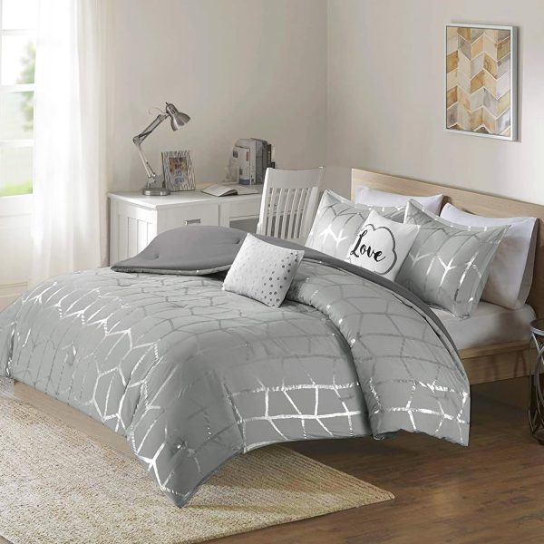 Raina Comforter Set Metallic Print Geometric Design, Modern Trendy All Season Bedding Set, Matching Sham, Decorative Pillow, Grey/Silver, King/Cal King, 5 Piece