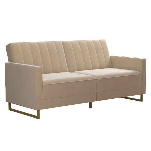 Skylar Futon Sofa Bed in Velvet Fabric - 77 Inch Couch Sleeper with Industrial Modern Upholstery, Black Metal Legs, Ivory
