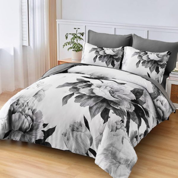 Grey Comforter Set King 7 Piece Bed in a Bag, Gray Floral Printed on White Comforter Set with Sheets, Soft Microfiber Botanical Farmhouse Bedding Set for All Season