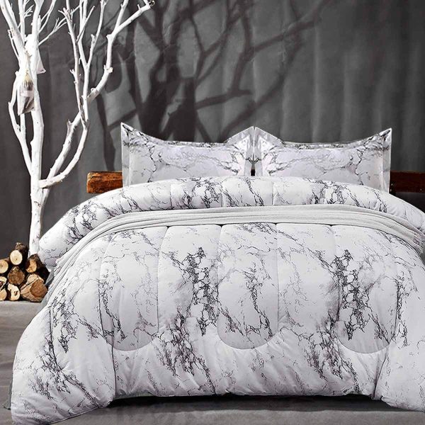 Comforter Set King Size, White Black Marble Print 104 x 90 inch Reversible Down Alternative Comforter Microfiber Duvet Sets (1 Comforter + 2 Pillow) Modern Bedding for Women Men,Gray Grey