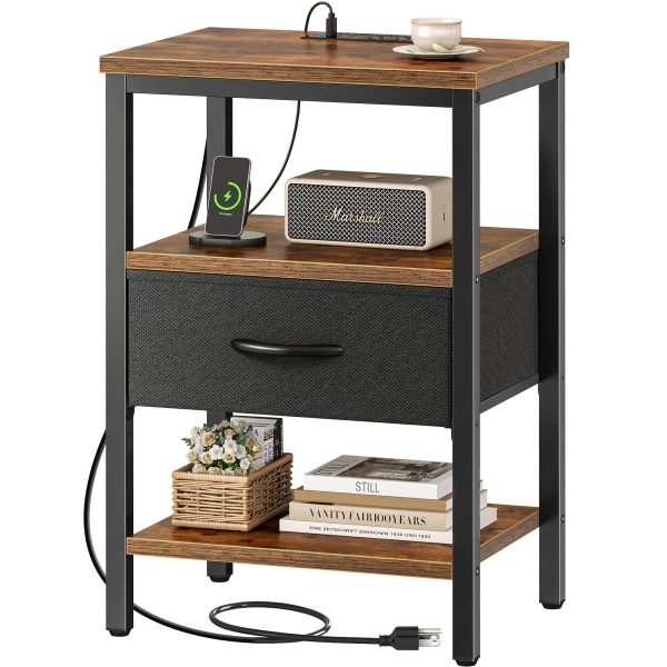 Nightstand with Charging Station, Bed Side Table with Adjustable Fabric Drawer, Night Stand for Bedroom, 3-Tier Storage End Table, for Living Room, Rustic Brown and Black