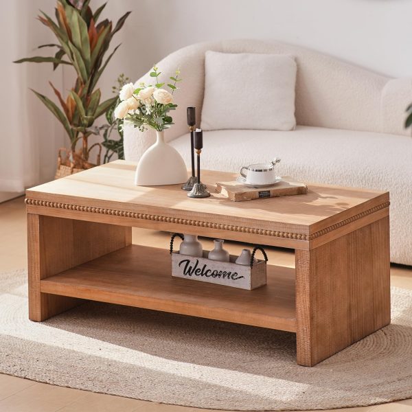 Farmhouse Wood Coffee Table - 43.4" Rectangle Coffee Table with Storage Shelf, Boho Center Tables with Wood Beads Decor for Living Room, Thickened Tabletop and Legs, Natural