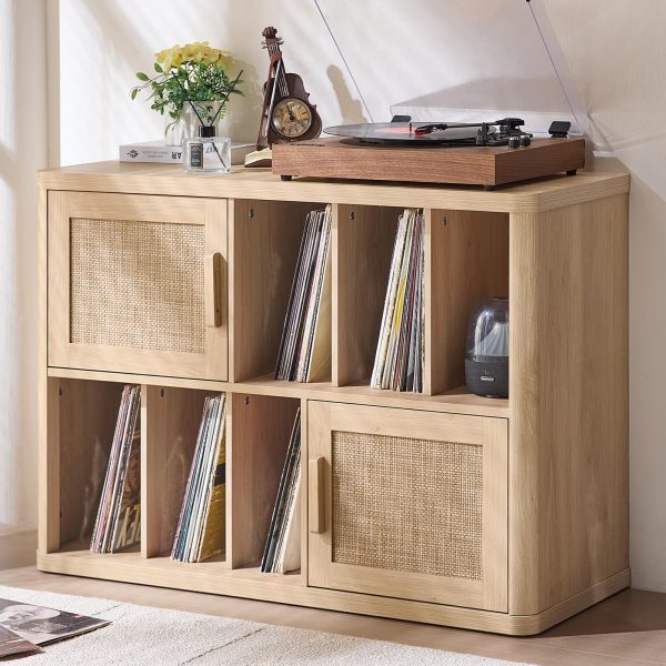 Large Record Player Stand with Vinyl Storage Up to 450 Albums, Wood Rattan Boho Record Storage Accent Cabinet, Modern Stereo Media Cabinets, Wide Turntable Stand for Living Room, Natural Oak