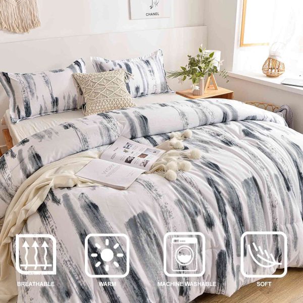 Queen Comforter Set 3pc, Art Grey White Printed Pattern Reversible Down Alternative Microfiber Bedding - All Season Duvet and 2 Pillowcases Bed Sets Modern for Women Men, Size 88 x 90 Gray