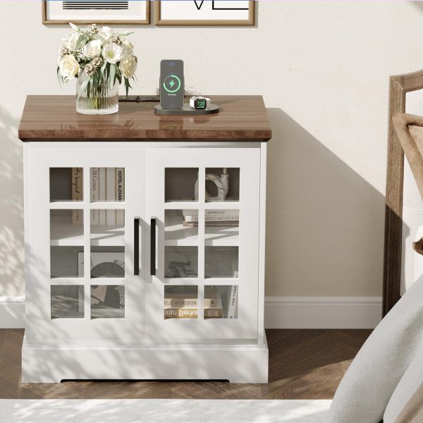 24'' Nightstand with Charging Station, Wood End Table, Farmhouse Bedside Tables with Tempered Glass Doors & Adjustable Shelf, Side Table with USB Port, Night Stand for Bedroom, Living Room, Office