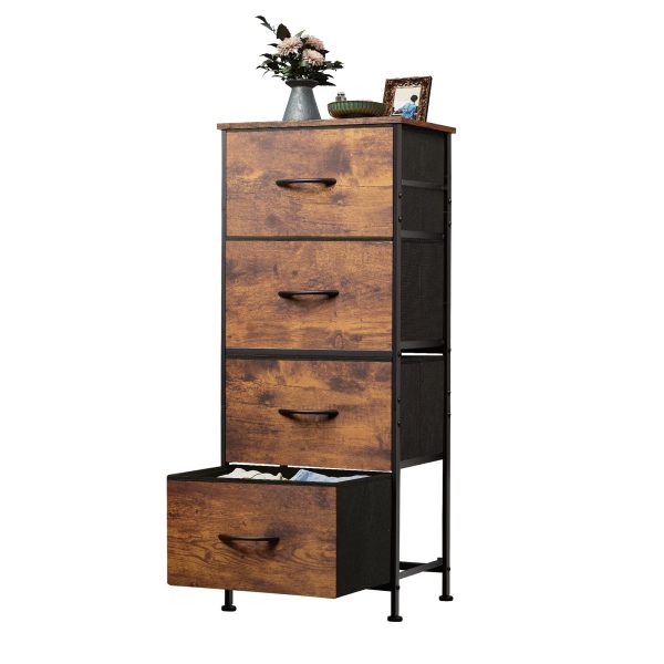 Dresser with 4 Drawers, Fabric Storage Tower, Organizer Unit for Bedroom, Hallway, Entryway, Closets, Sturdy Steel Frame, Wood Top, Easy Pull Handle, Rustic Brown Wood Grain Print