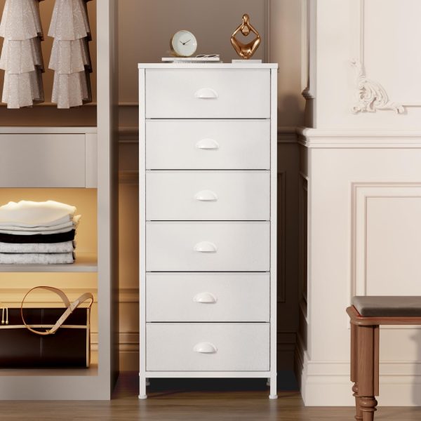 White Tall Dresser for Bedroom,Vertical Storage Tower Unit and End Table with 6 Fabric Drawers, Nightstand Furniture with Drawer Organizer in Living Room,Closet,Entryway,Hallyway