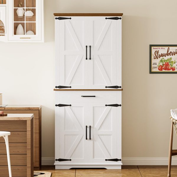 Farmhouse Kitchen Pantry Cabinet, Tall Storage Cabinet with 6 Hanging Shelves and Adjustable Shelves, Freestanding Cupboard with Barn Doors for Kitchen, Dining Room， White/Walnut